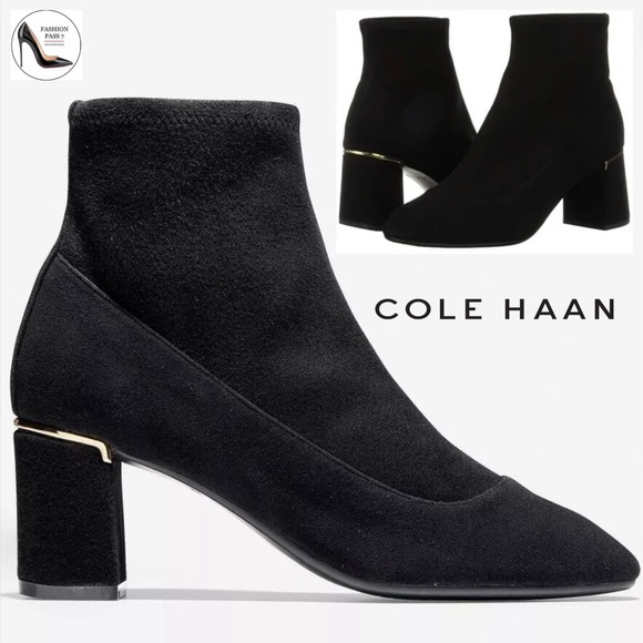 Cole Haan Laree Black Suede Ankle Booties Almond Toe Block Heel Leather Boot 9.5 - Picture 1 of 8